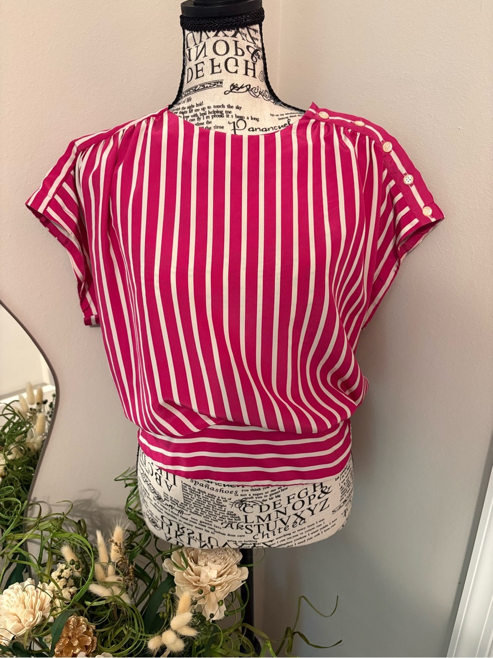 Vintage 1980s Chaus Pink Striped Banded Waist Blouse Size 6 (S/M)